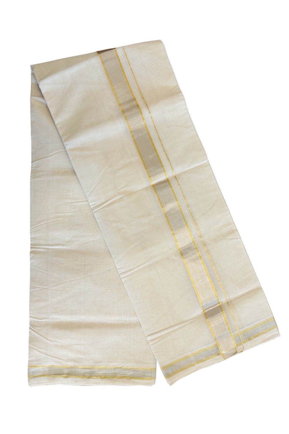 30% DISCOUNT ! KaithariKada HANDLOOM Millpaav Balaramapuram - 100% PURE Cotton Off White - (Unbleached) Double Mundu/Dhoti - 2 inch Gold Kasavu & Silver Kasavu Striped Kara - 18KK5105RAM