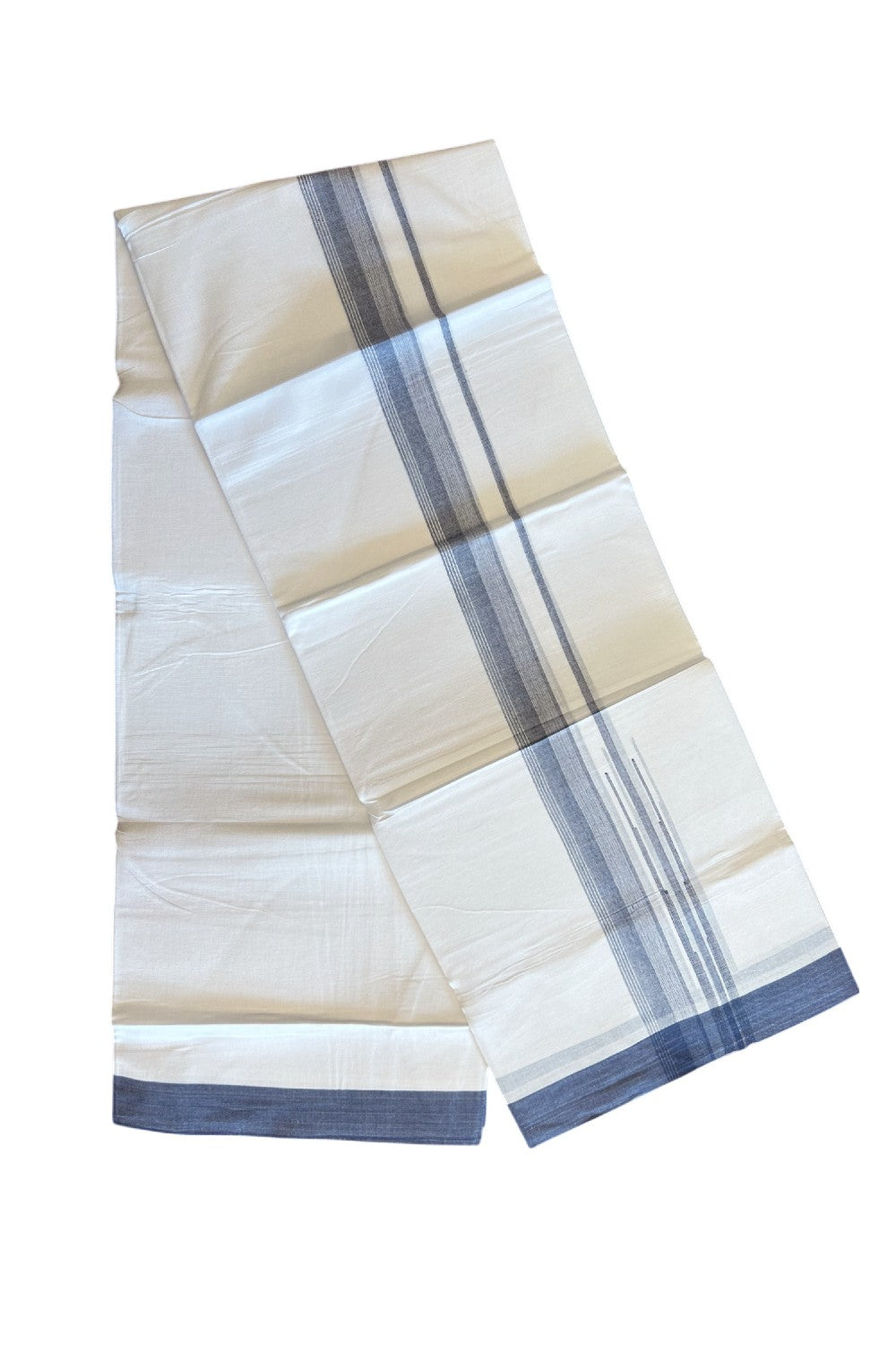 25% DISCOUNT!!! KaithariKada Balaramapuram 100% Cotton Double PURE white Mundu/Dhoti - 80X80 - 1.5 Inch Dark blue & white shaded side stripes Chutty kara - 18KK5108GAN