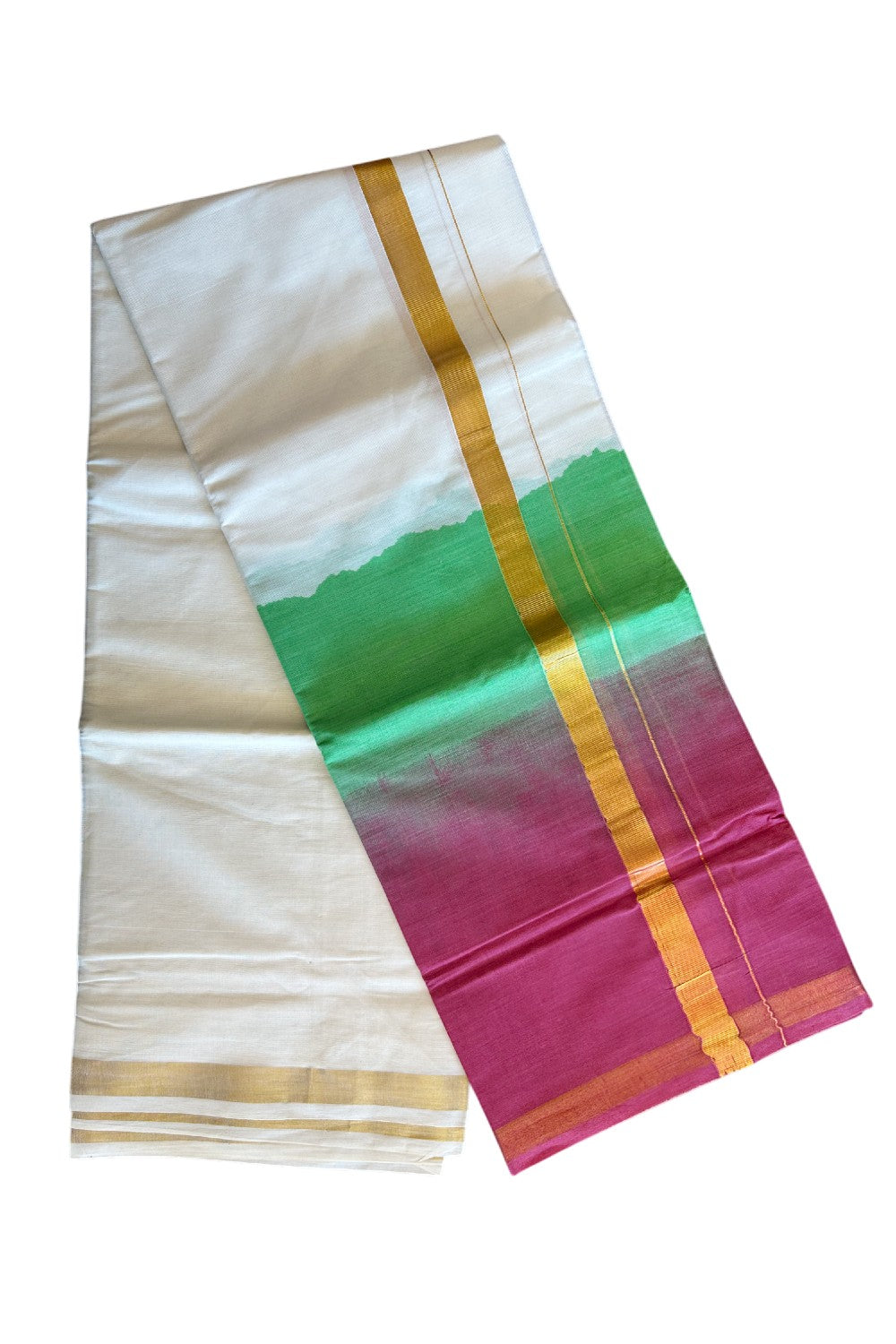 20% Discount !! KaithariKada Balaramapuram Mixed Cotton OFF White (Unbleached) Double Mundu/Dhoti -80x80 Thread Mixed Cotton - 1.75 inch  Kelly Green & Red Purple Dyed Kasav Kara - 18KK5113PMC