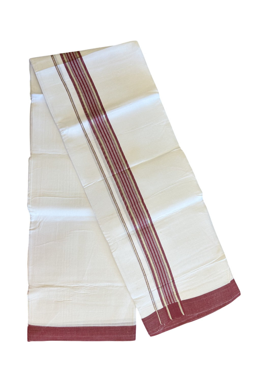 Linen Dhoti NEW! 20% Discount from Kaitharikada.com - Double Mundu/Dhoti 80x90 Thread PURE WHITE - Pure Cotton + Linen -2.25 Inch Maroon & Silver Striped Kara - 36KK5115THI