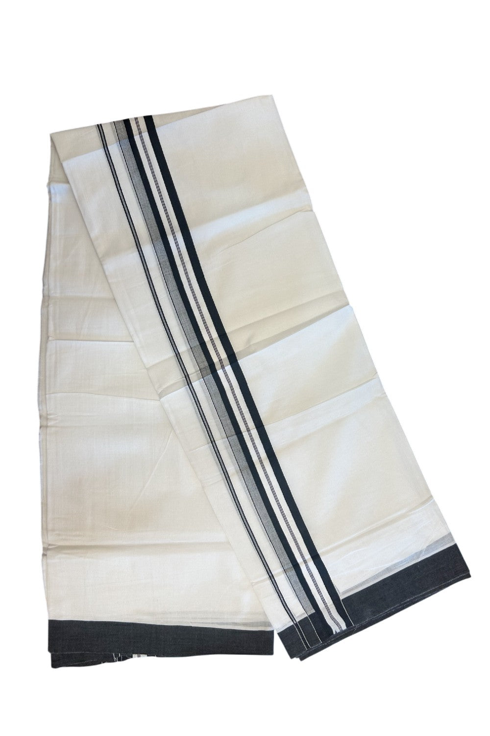 20% DISCOUNT! KaithariKada Balaramapuram 100% Cotton Double PURE white Mundu/Dhoti - 100x80 - 1.75 Inch Black & Shaded Striped Kara - 18KK5135GAN