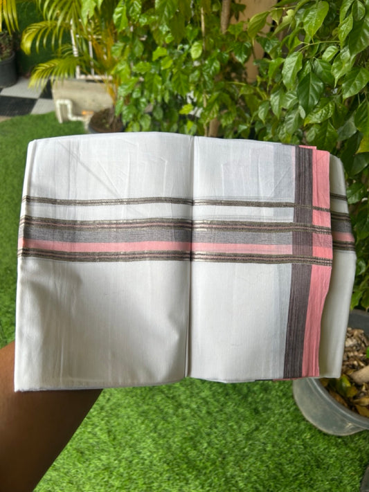 21% Discount !! KaithariKada Balaramapuram Double PURE WHITE Mundu/Dhoti- 100x80 - 1.75 inch Pink Brown Kara Silver Striped kara - 18KK5143PMC