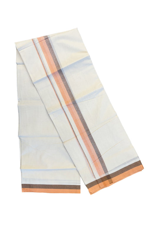 19% DISCOUNT ! KaithariKada Balaramapuram 100%  Cotton Double off white Mundu/Dhoti - 100X100  Peach orange & brown shaded kara with  centre stripes - 18KK81VIN