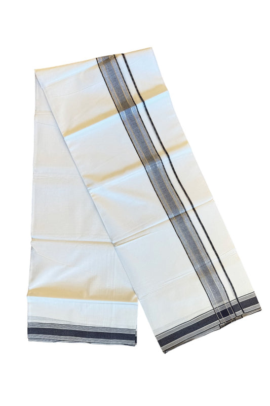 19% DISCOUNT!!! KaithariKada Balaramapuram 100% Cotton Double PURE white Mundu/Dhoti-100x100   2.25 Inch Silver kasavu navy blue shaded  kara  - 18KK83VIN