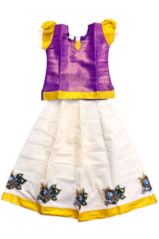 Midukki-Traditional South Indian Kids Pattu Pavada- Violet brocade top offwhite skirt with kasavu krishna print- Age 8 - KK8MID0018