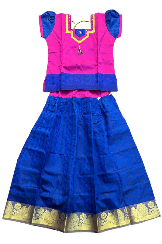 Midukki-Traditional South Indian Kids Pattu Pavada- Magenta top dark blue skirt with emboss work- Age 11 - KK11MID0018