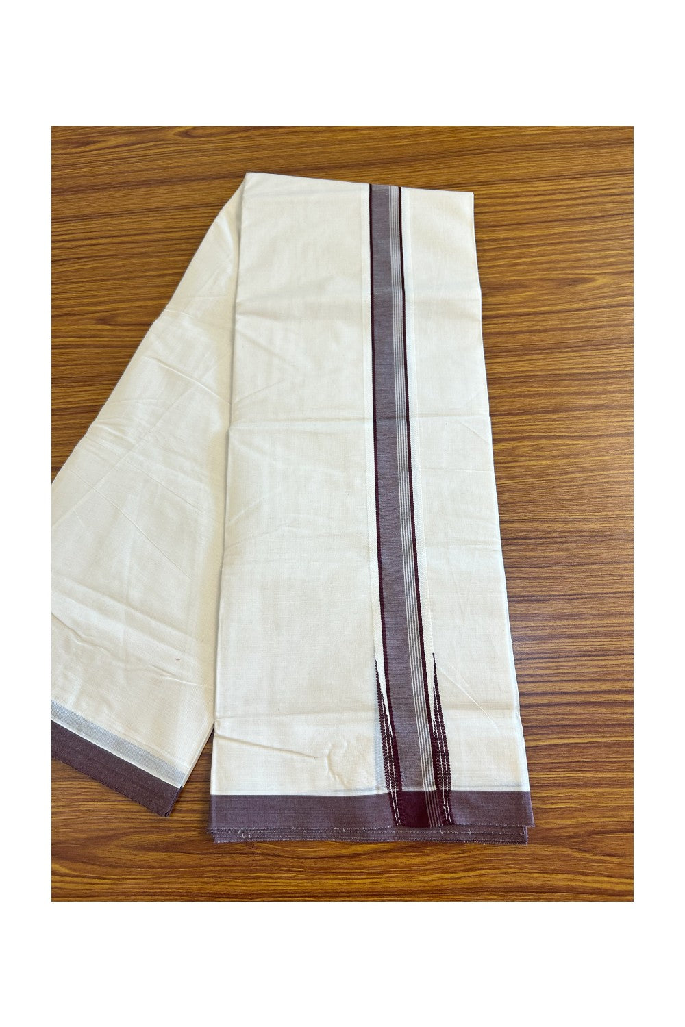 20% DISCOUNT ! KaithariKada 100% Cotton OFF WHITE (Unbleached) Double Dhoti/Mundu- 1.75inch  Puliyilakkara Brown Wings Chutty - 22KK455ASH