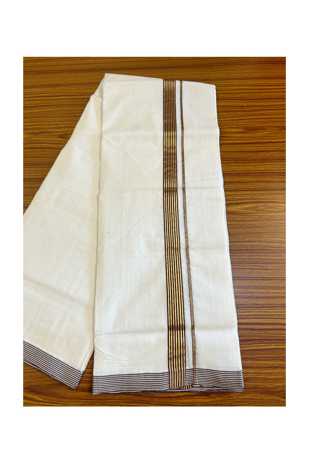 15% Discount!!! KaithariKada HANDLOOM UNAKKUPAAV Balaramapuram - 100% PURE Cotton off white (Unbleached) Double Mundu/Dhoti - 1.5 inch Brown & kasavu striped kara - 18KK458SOM