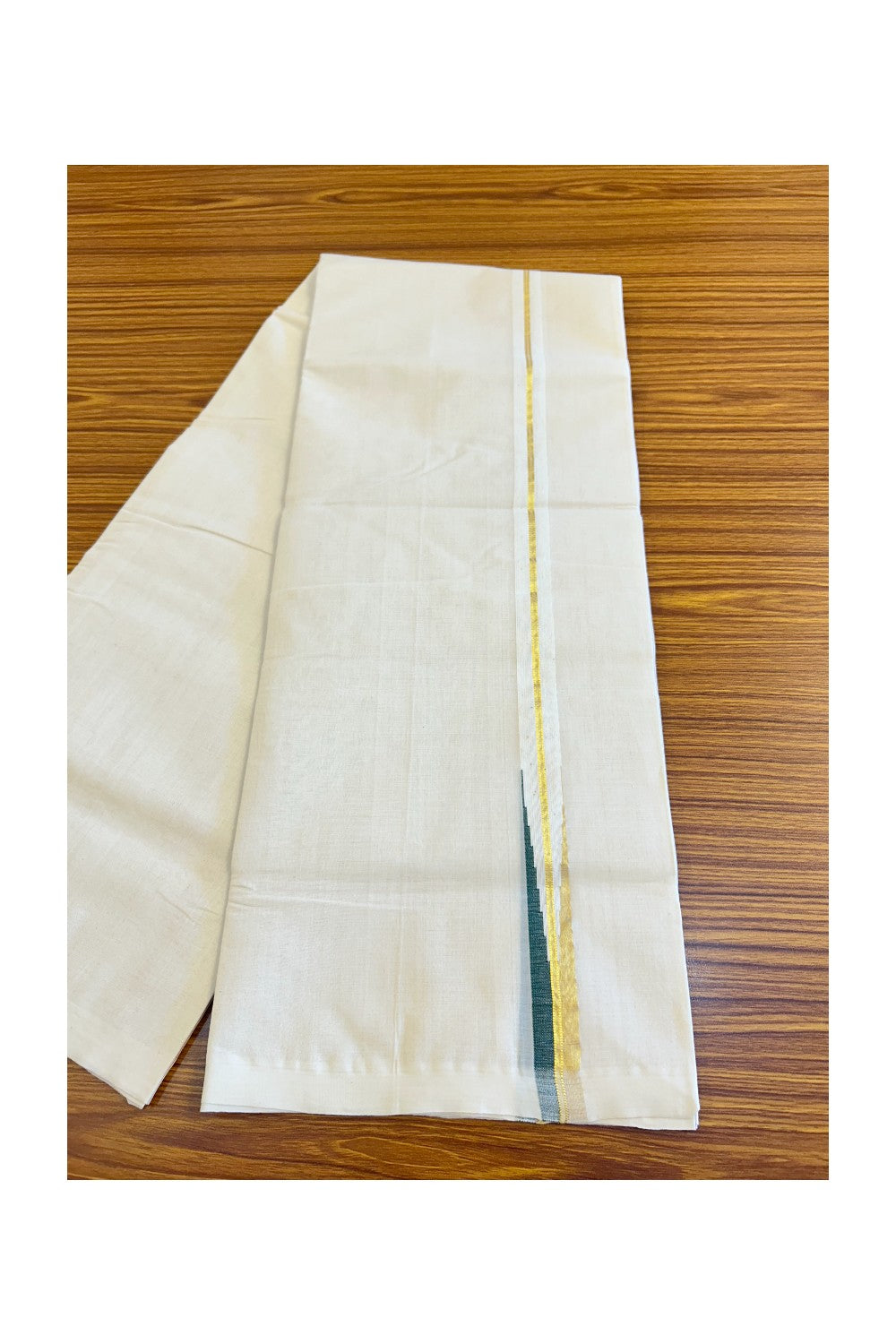 15% DISCOUNT!! KaithariKada HANDLOOM Millpaav Balaramapuram - 100% PURE Cotton OFF White - (Unbleached) Double Mundu/Dothi - 2 cm puliyilakkara Kasavu & Dark green chutty - 18KK476RAM