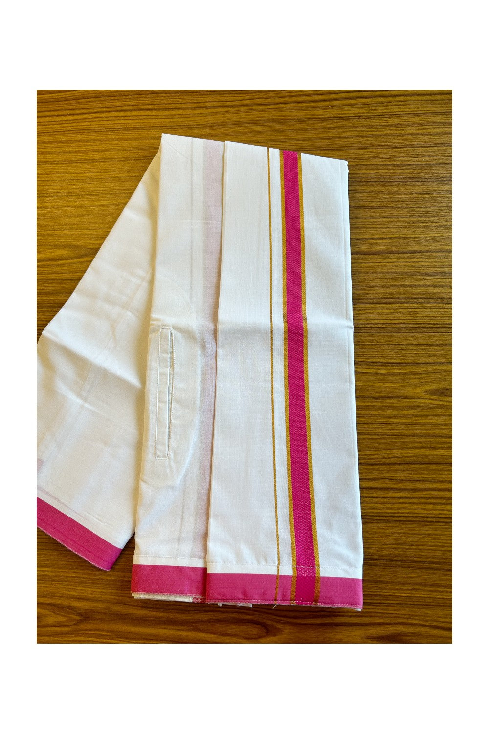 KaithariKada Balaramapuram COTTON SINGLE PURE WHITE VELCRO Mundu/Dhoti - 1.75inch Dark Pink & Kasavu kara - 18KK485SRI