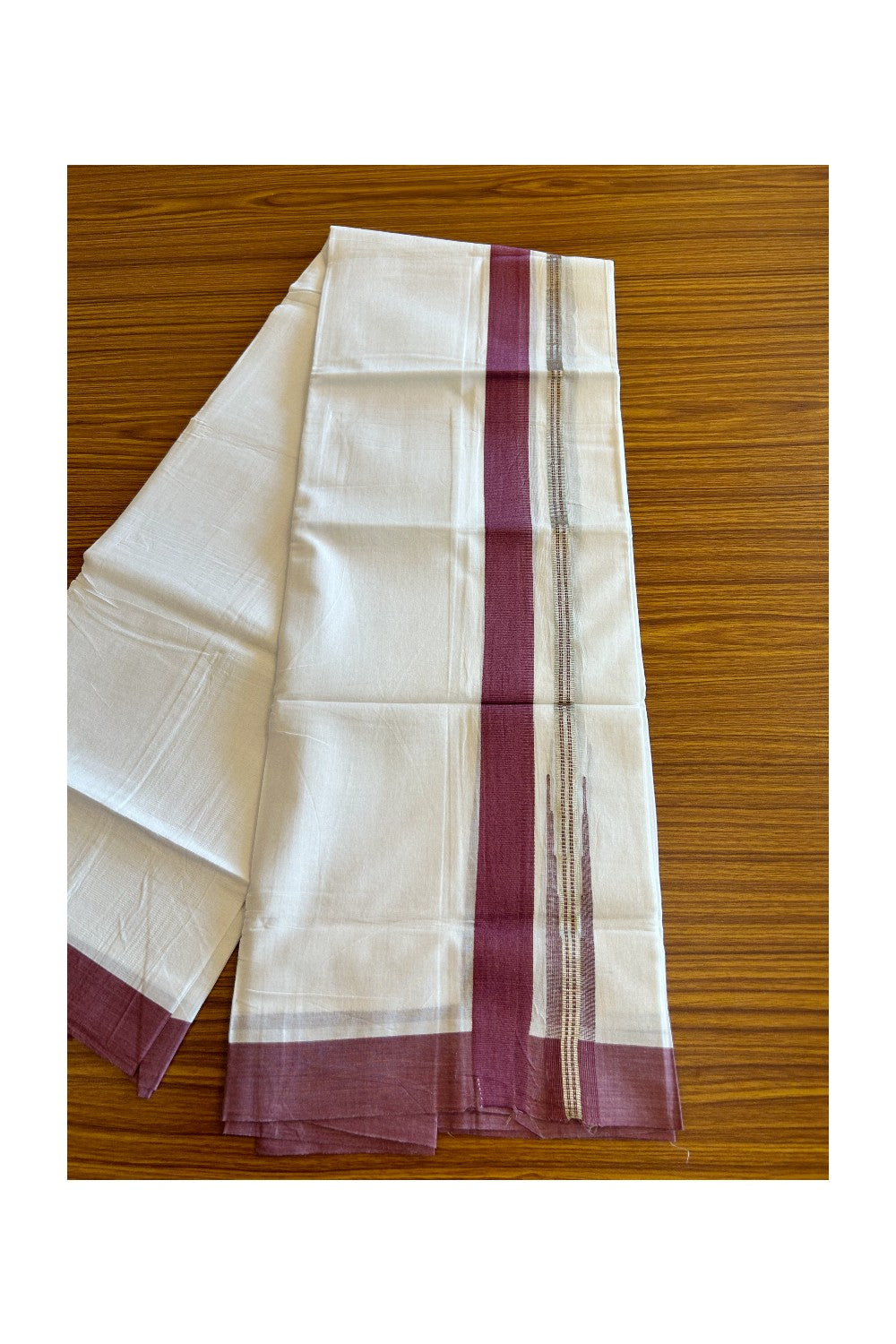 Kaitharikada  Balaramapuram 100% Pure Cotton PURE WHITE Double Mundu/Dothi - 80x92 - 1.5 Inch  Purple & Silver Chutty kara - 18KK5022VAN