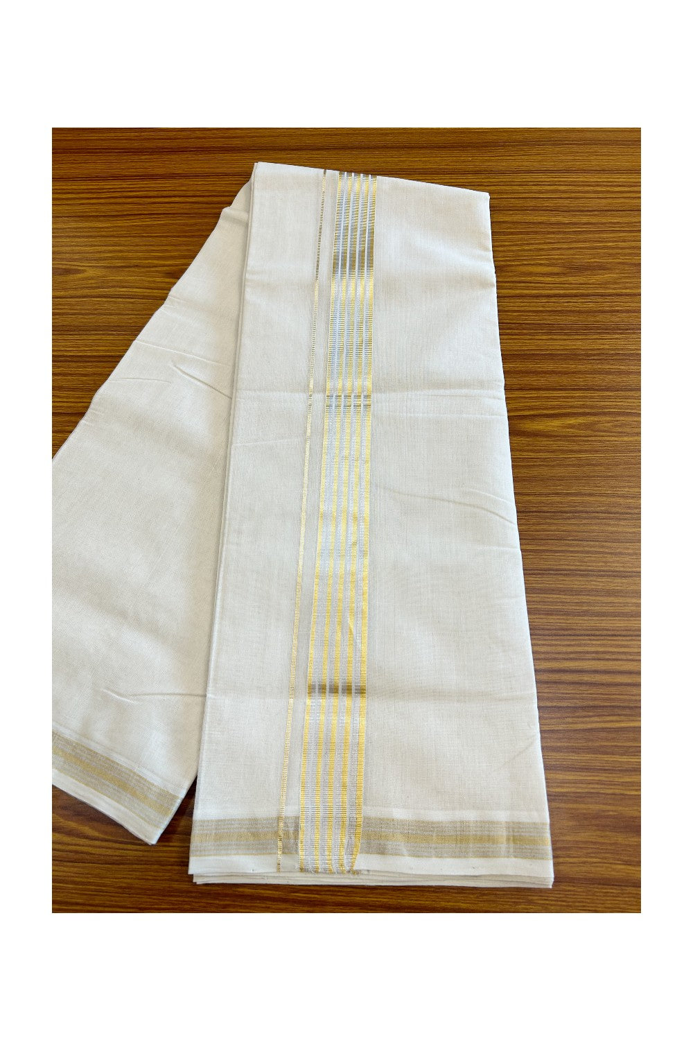 8% DISCOUNT ! KaithariKada HANDLOOM Millpaav Balaramapuram - 100% PURE Cotton Off White - (Unbleached) Double Mundu/Dhoti - 2.25 inch Gold Kasavu & Silver Striped Kara - 18KK5029RAM