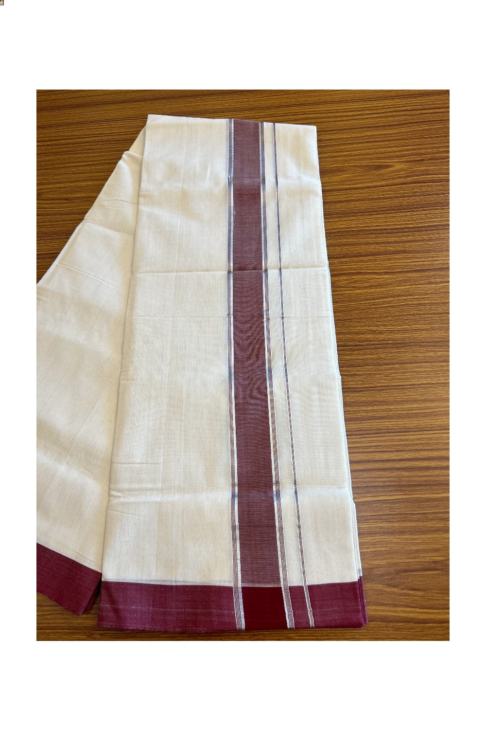 21% Discount KaithariKada HANDLOOM UNAKKUPAAV Balaramapuram - 100% PURE Cotton off white (Unbleached) Double Mundu/Dhoti - 2.75 inch Maroon Brown Silver Kasavu-116