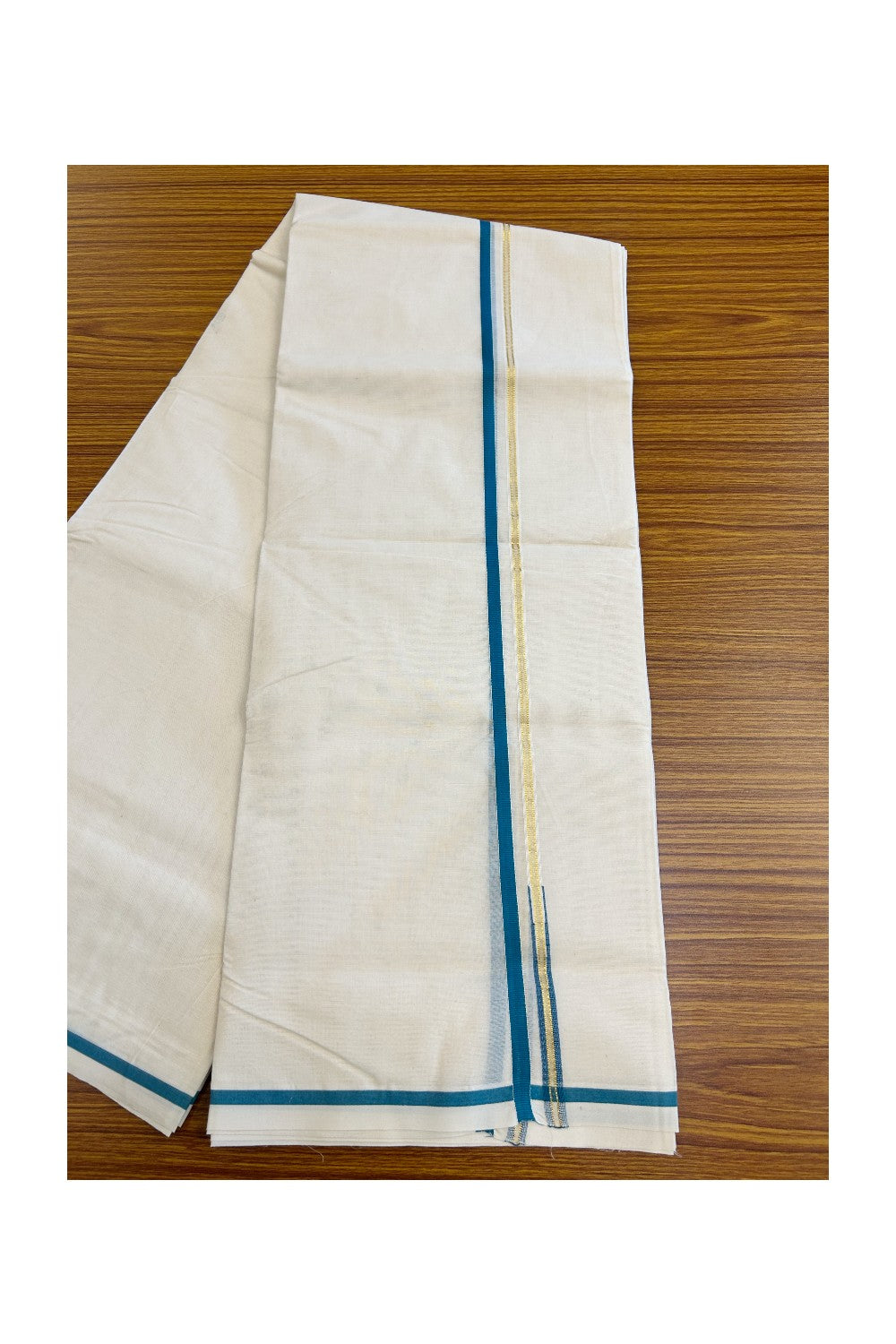 14% Discount Latest!! KaithariKada Balaramapuram 100% Cotton Double Off white - (Unbleached) - Mundu/Dhoti-100x100 - 1 cm Puliyilakkara Chutty Green + Blue & Kasavu Kara - 70