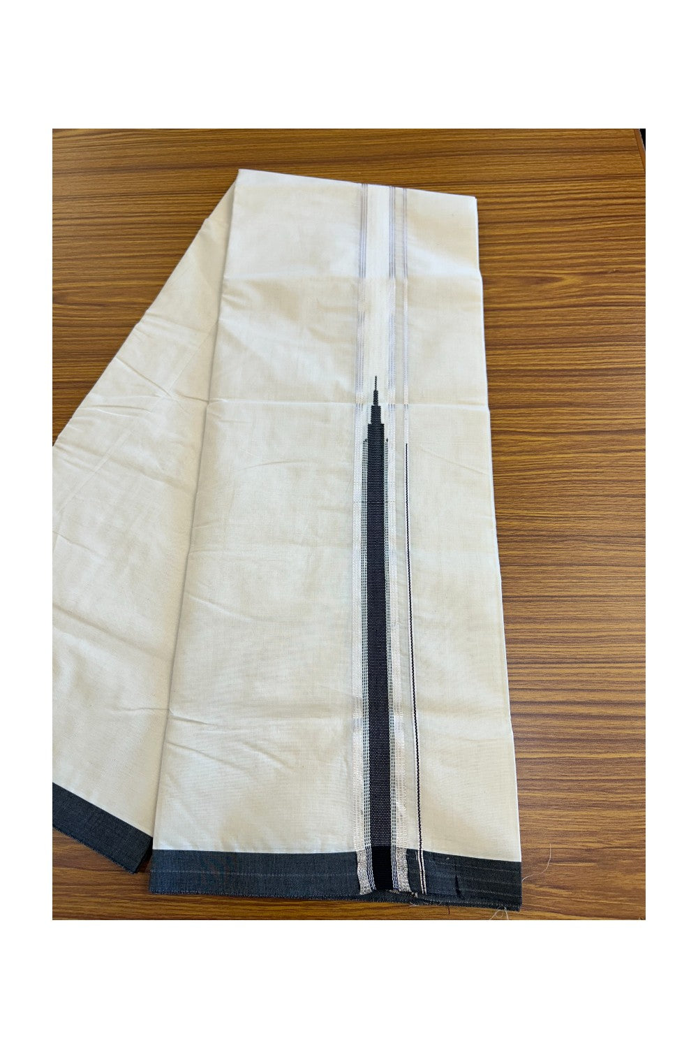 31% Discount !! KaithariKada Balaramapuram 100% Cotton Double Off White - (Unbleached) Mundu/Dhoti-100x100 1.25 inch Heavy Chutty Silver Kasavu & Black kara - 18KK5045ASH