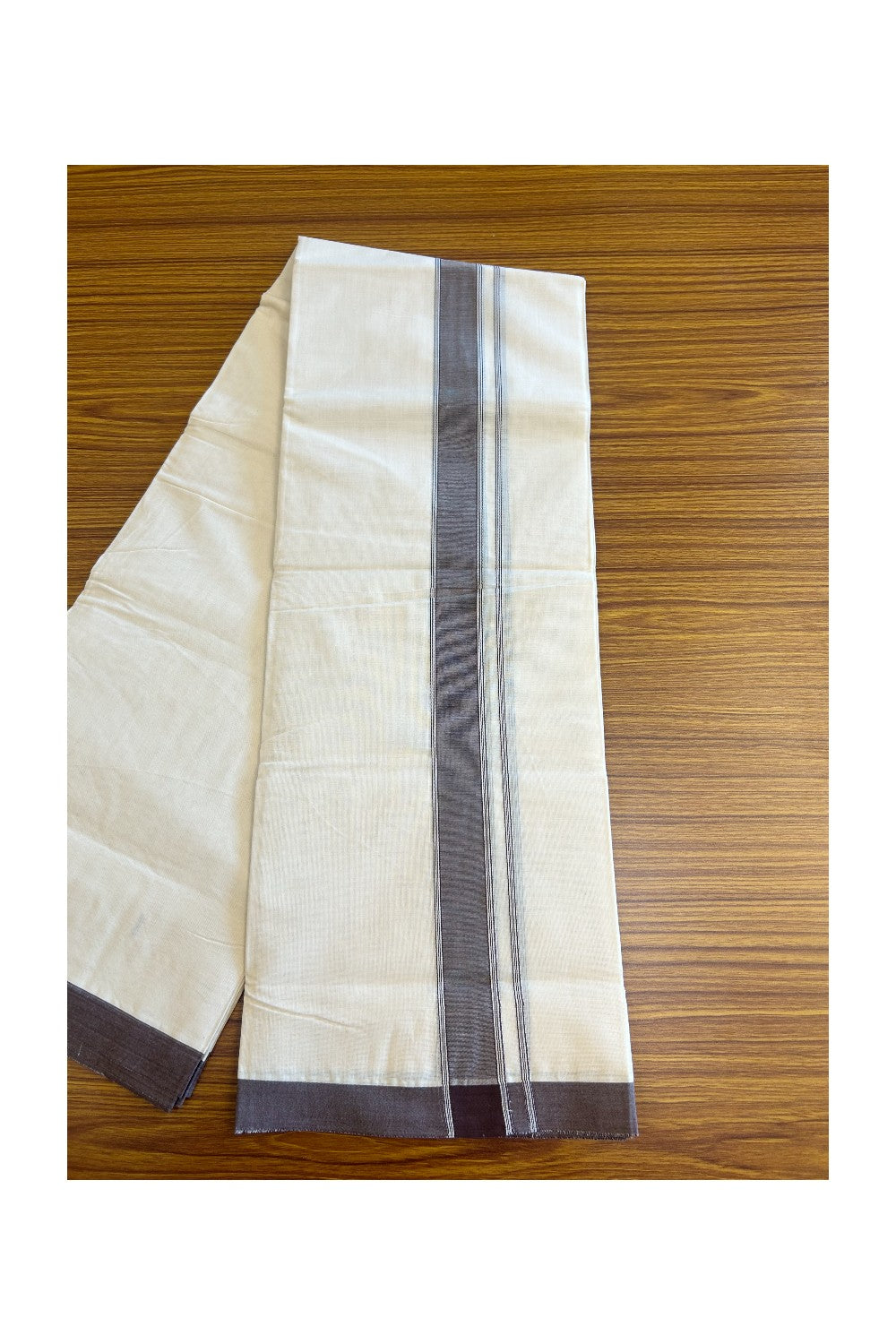 10% Discount KaithariKada Balaramapuram 100% Cotton Double Off white - (Unbleached) - Mundu/Dhoti- 100x80 - 2 inch Chocolate Brown Kara 3.75 mtr - 164