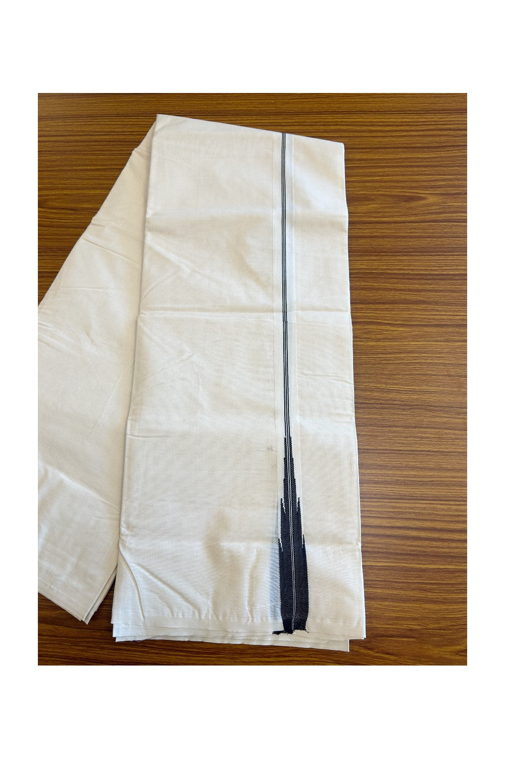 New!! 10% Discount ! KaithariKada Balaramapuram 100% Cotton Double Off white - (Unbleached) Mundu/Dhoti-100x100 Puliyilakkara 2.cm  Chutty BLACK 3 line TEMPLE CHUTTY  KATTIKARA-KK48AK-3.