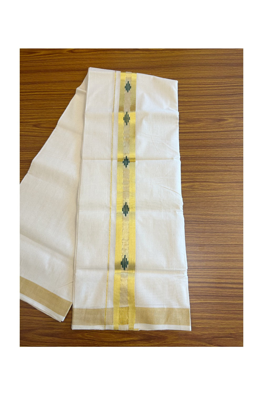 30% Discount!!! KaithariKada HANDLOOM UNAKKUPAAV Balaramapuram - 100% PURE Cotton off white (Unbleached) Double Mundu/Dhoti -100x 100 - 2.5 inch Kasavu with Center Tissue & Green design kara - 17KK5096YAR