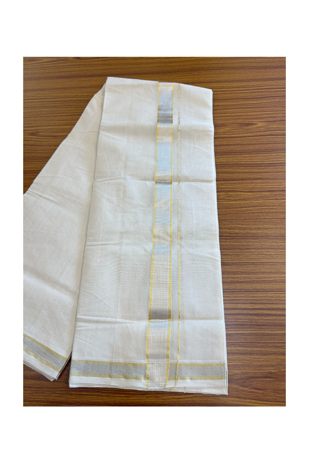 30% DISCOUNT ! KaithariKada HANDLOOM Millpaav Balaramapuram - 100% PURE Cotton Off White - (Unbleached) Double Mundu/Dhoti - 2 inch Gold Kasavu & Silver Kasavu Striped Kara - 18KK5105RAM