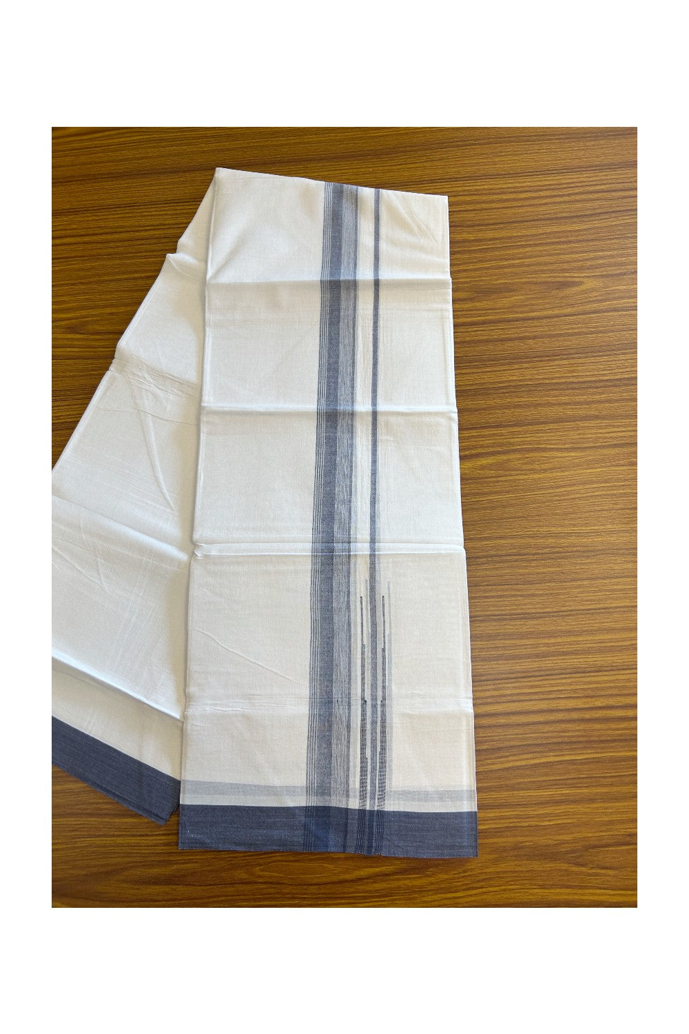 25% DISCOUNT!!! KaithariKada Balaramapuram 100% Cotton Double PURE white Mundu/Dhoti - 80X80 - 1.5 Inch Dark blue & white shaded side stripes Chutty kara - 18KK5108GAN