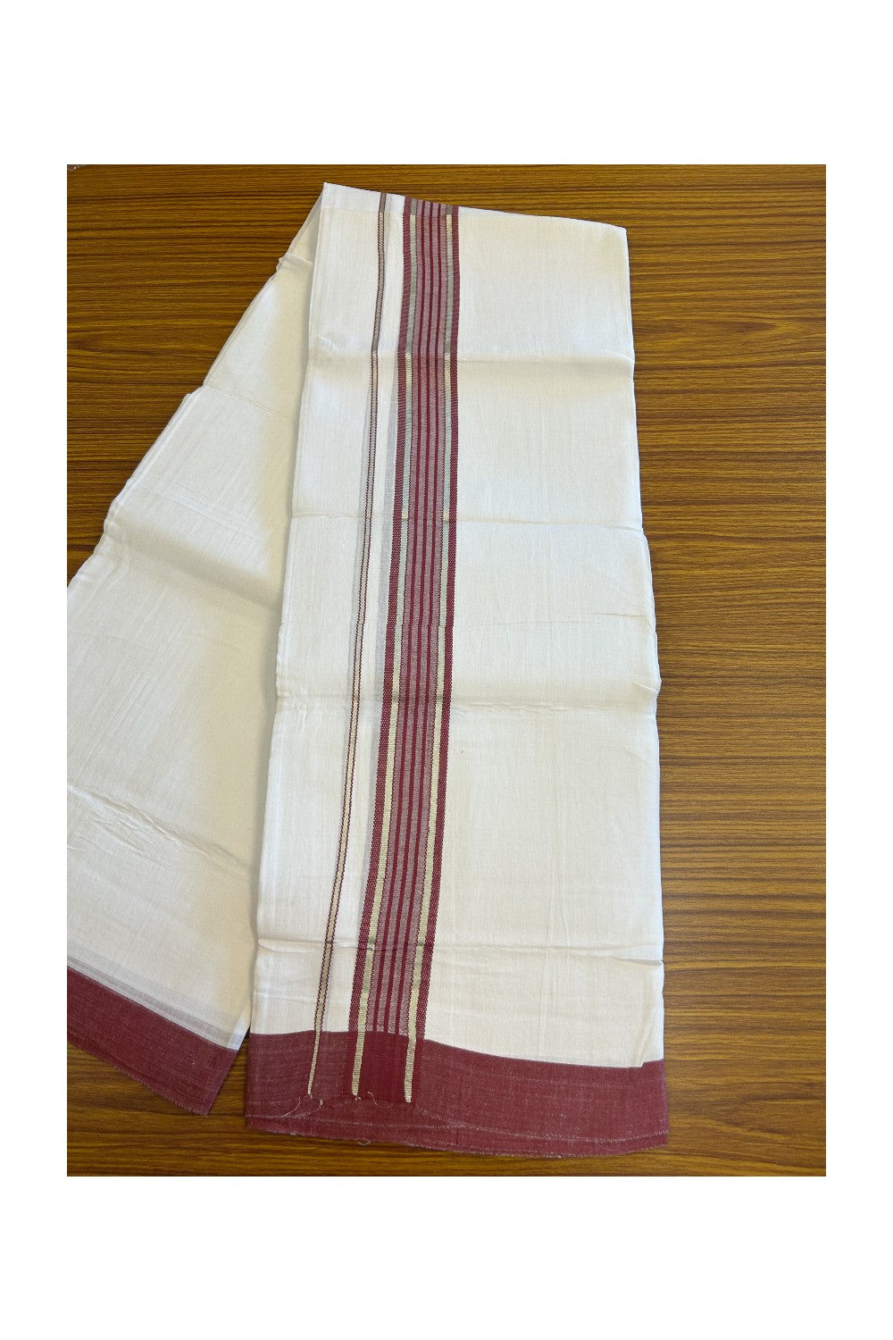 Linen Dhoti NEW! 20% Discount from Kaitharikada.com - Double Mundu/Dhoti 80x90 Thread PURE WHITE - Pure Cotton + Linen -2.25 Inch Maroon & Silver Striped Kara - 36KK5115THI