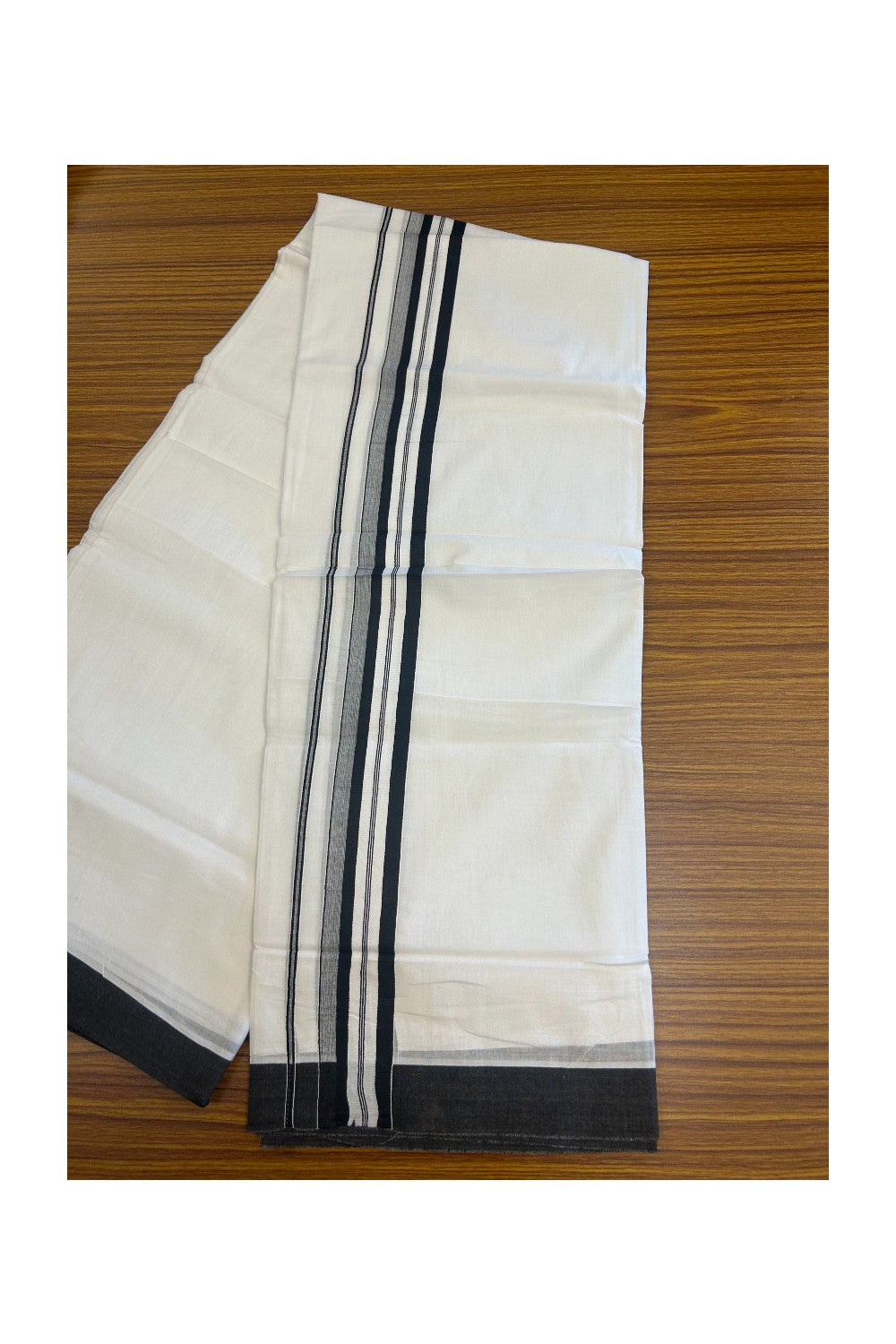 20% DISCOUNT! KaithariKada Balaramapuram 100% Cotton Double PURE white Mundu/Dhoti - 100x80 - 1.75 Inch Black & Shaded Striped Kara - 18KK5135GAN