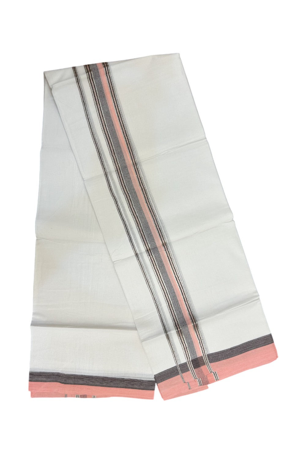 21% Discount !! KaithariKada Balaramapuram Double PURE WHITE Mundu/Dhoti- 100x80 - 1.75 inch Pink Brown Kara Silver Striped kara - 18KK5143PMC