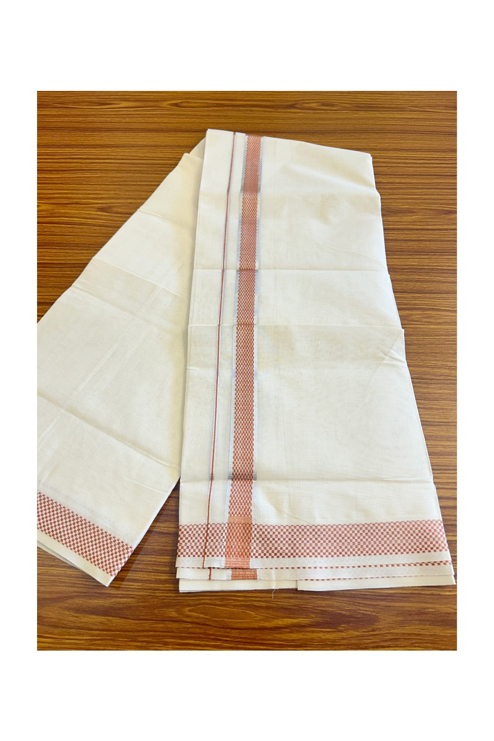 21% DISCOUNT ! KaithariKada Balaramapuram 100%  Cotton Double off white  (Unbleached) Mundu/Dhoti - 100X100 Silver kasavu  brown check design kara - 18KK78PMC