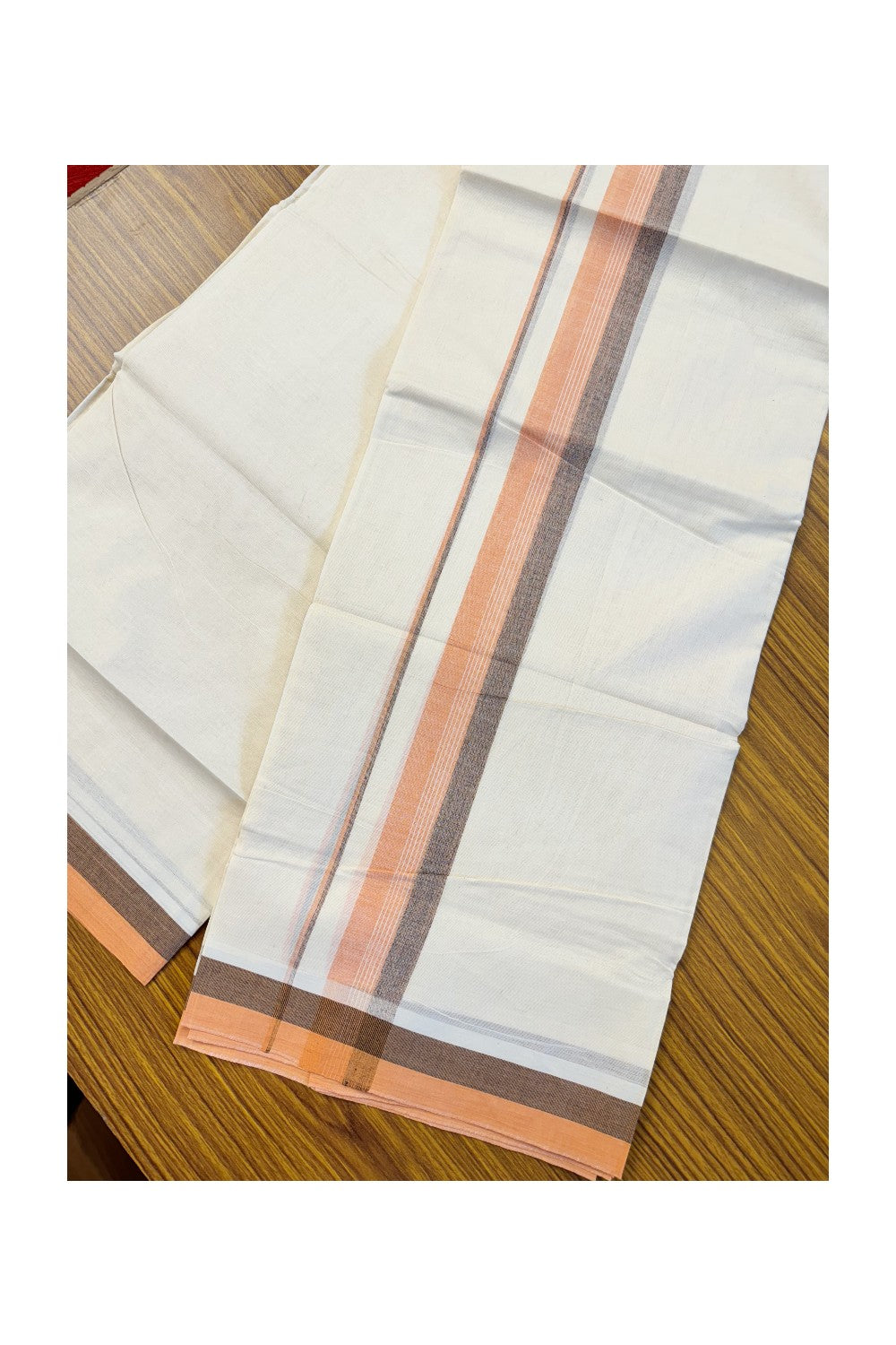 19% DISCOUNT ! KaithariKada Balaramapuram 100%  Cotton Double off white Mundu/Dhoti - 100X100  Peach orange & brown shaded kara with  centre stripes - 18KK81VIN