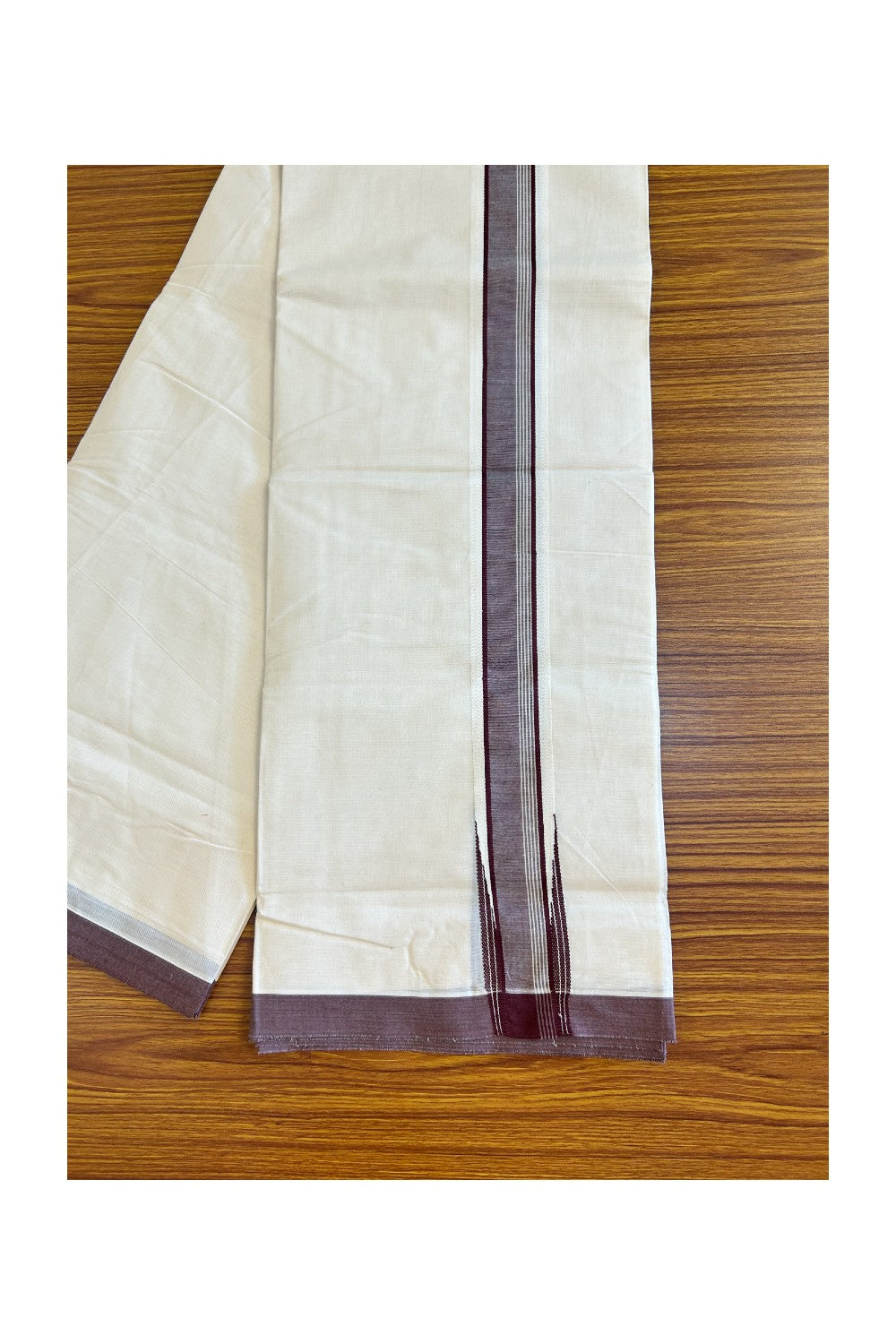 20% DISCOUNT ! KaithariKada 100% Cotton OFF WHITE (Unbleached) Double Dhoti/Mundu- 1.75inch  Puliyilakkara Brown Wings Chutty - 22KK455ASH