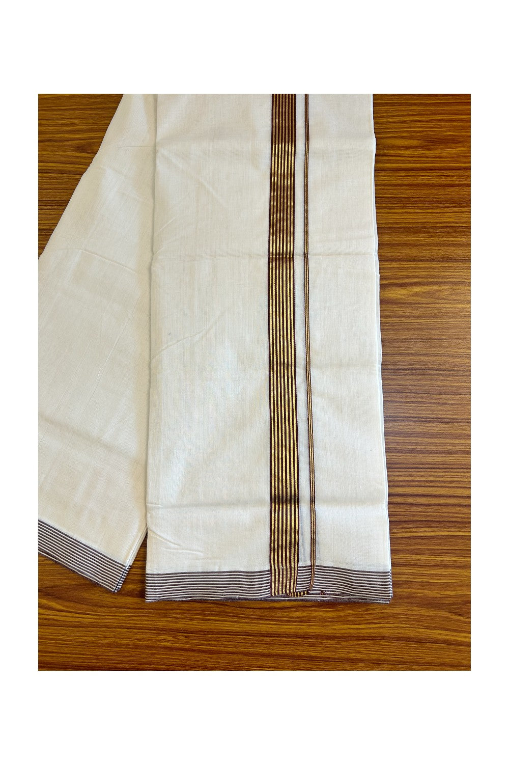 15% Discount!!! KaithariKada HANDLOOM UNAKKUPAAV Balaramapuram - 100% PURE Cotton off white (Unbleached) Double Mundu/Dhoti - 1.5 inch Brown & kasavu striped kara - 18KK458SOM