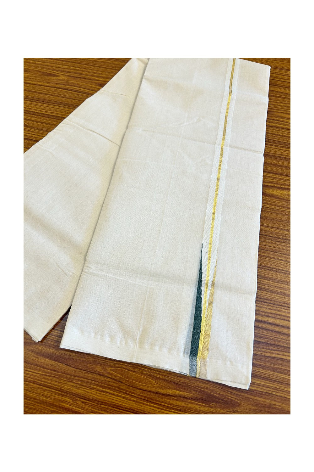 15% DISCOUNT!! KaithariKada HANDLOOM Millpaav Balaramapuram - 100% PURE Cotton OFF White - (Unbleached) Double Mundu/Dothi - 2 cm puliyilakkara Kasavu & Dark green chutty - 18KK476RAM