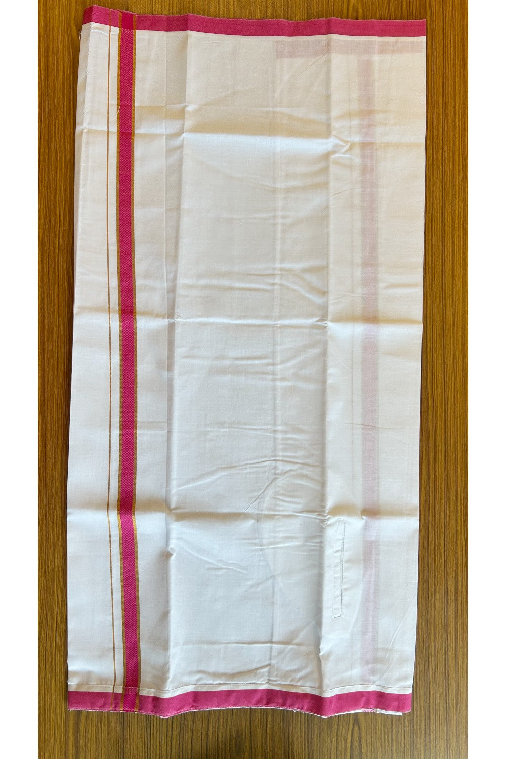 KaithariKada Balaramapuram COTTON SINGLE PURE WHITE VELCRO Mundu/Dhoti - 1.75inch Dark Pink & Kasavu kara - 18KK485SRI