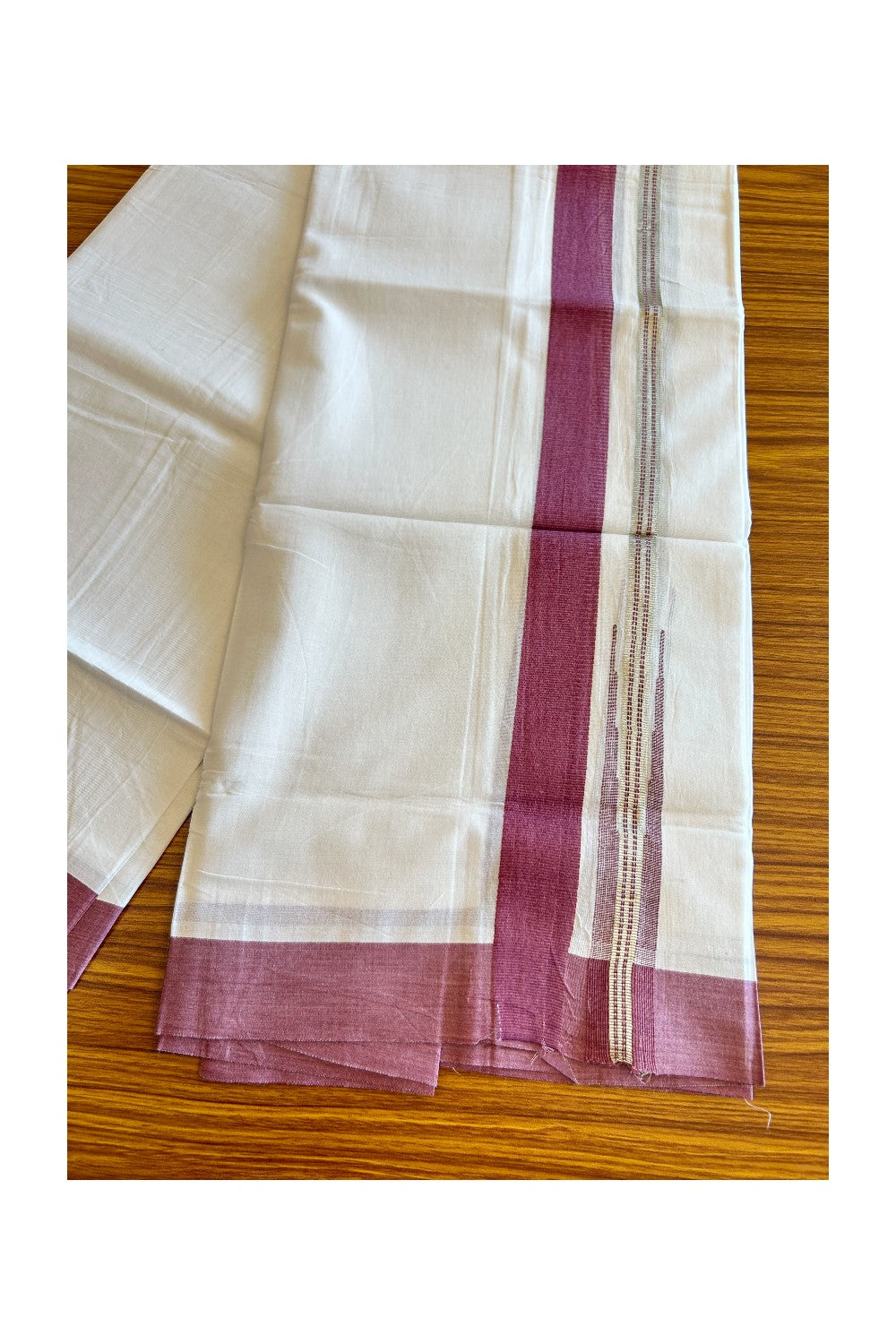 Kaitharikada  Balaramapuram 100% Pure Cotton PURE WHITE Double Mundu/Dothi - 80x92 - 1.5 Inch  Purple & Silver Chutty kara - 18KK5022VAN