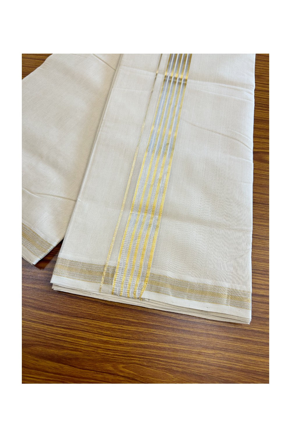 8% DISCOUNT ! KaithariKada HANDLOOM Millpaav Balaramapuram - 100% PURE Cotton Off White - (Unbleached) Double Mundu/Dhoti - 2.25 inch Gold Kasavu & Silver Striped Kara - 18KK5029RAM