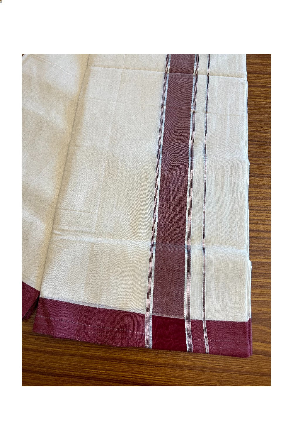 21% Discount KaithariKada HANDLOOM UNAKKUPAAV Balaramapuram - 100% PURE Cotton off white (Unbleached) Double Mundu/Dhoti - 2.75 inch Maroon Brown Silver Kasavu-116