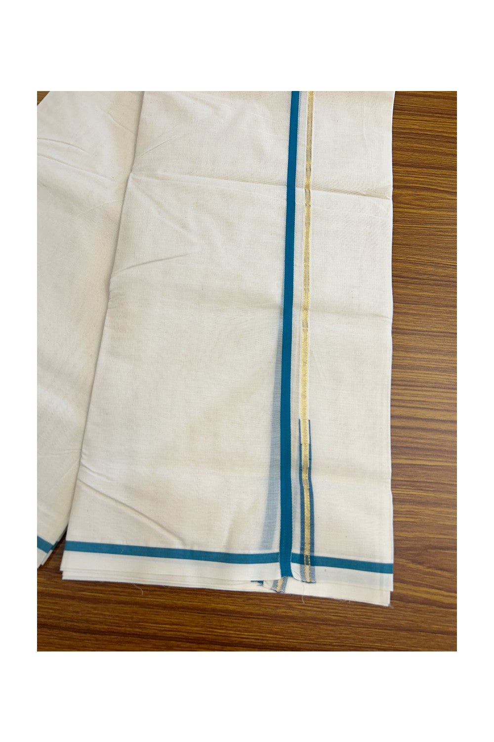 14% Discount Latest!! KaithariKada Balaramapuram 100% Cotton Double Off white - (Unbleached) - Mundu/Dhoti-100x100 - 1 cm Puliyilakkara Chutty Green + Blue & Kasavu Kara - 70