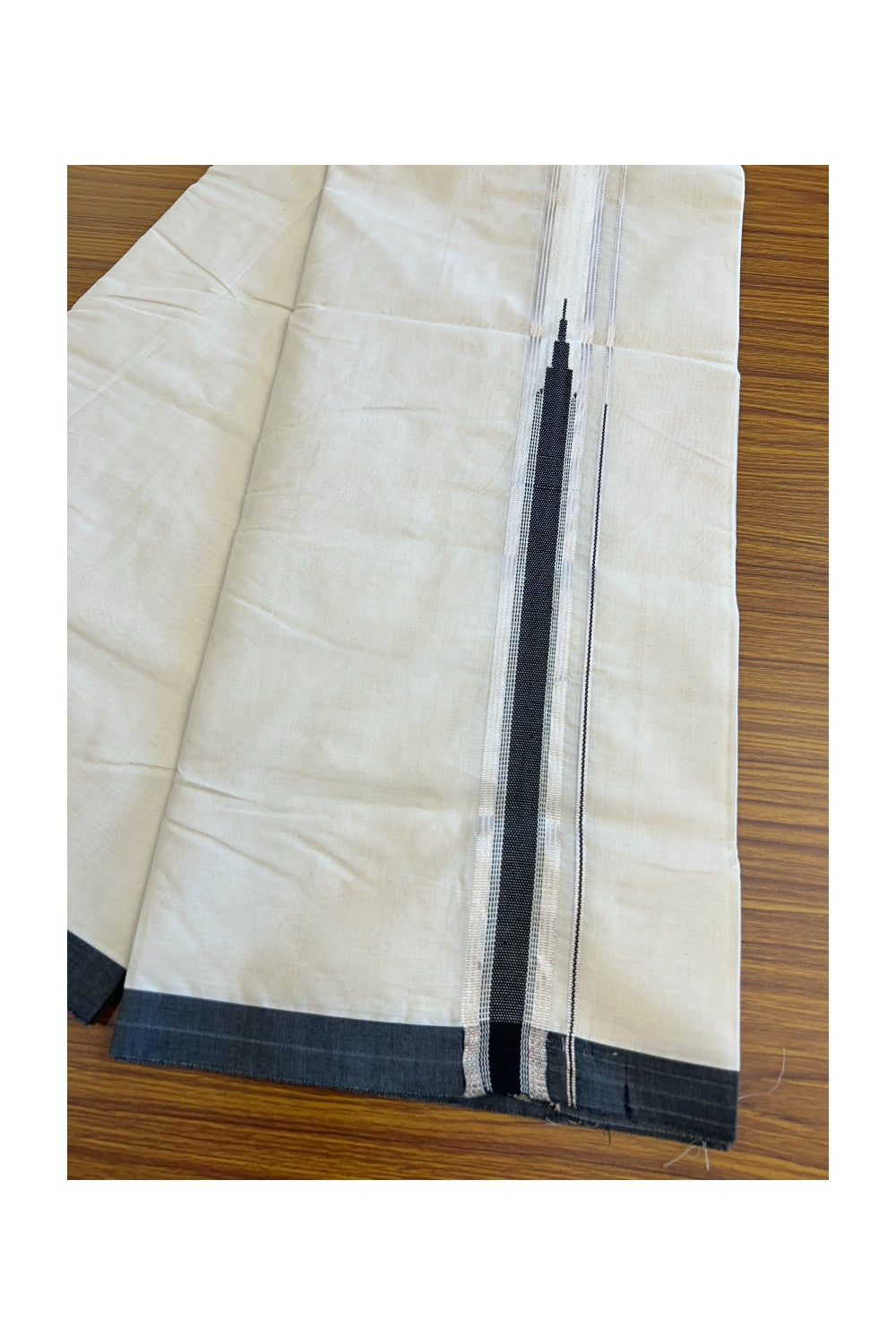 31% Discount !! KaithariKada Balaramapuram 100% Cotton Double Off White - (Unbleached) Mundu/Dhoti-100x100 1.25 inch Heavy Chutty Silver Kasavu & Black kara - 18KK5045ASH