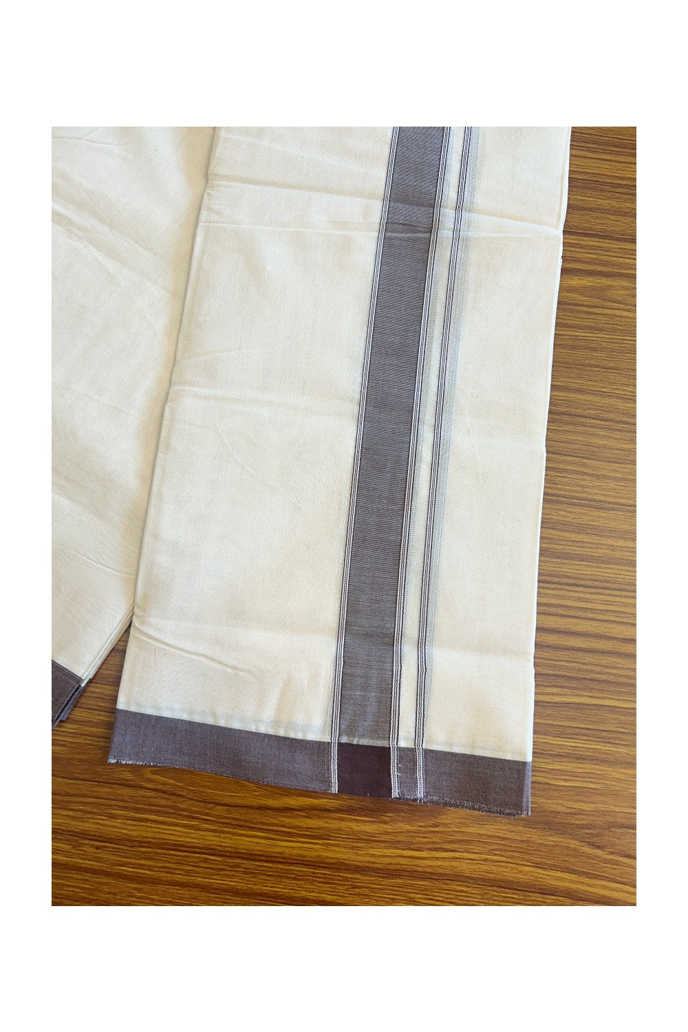 10% Discount KaithariKada Balaramapuram 100% Cotton Double Off white - (Unbleached) - Mundu/Dhoti- 100x80 - 2 inch Chocolate Brown Kara 3.75 mtr - 164