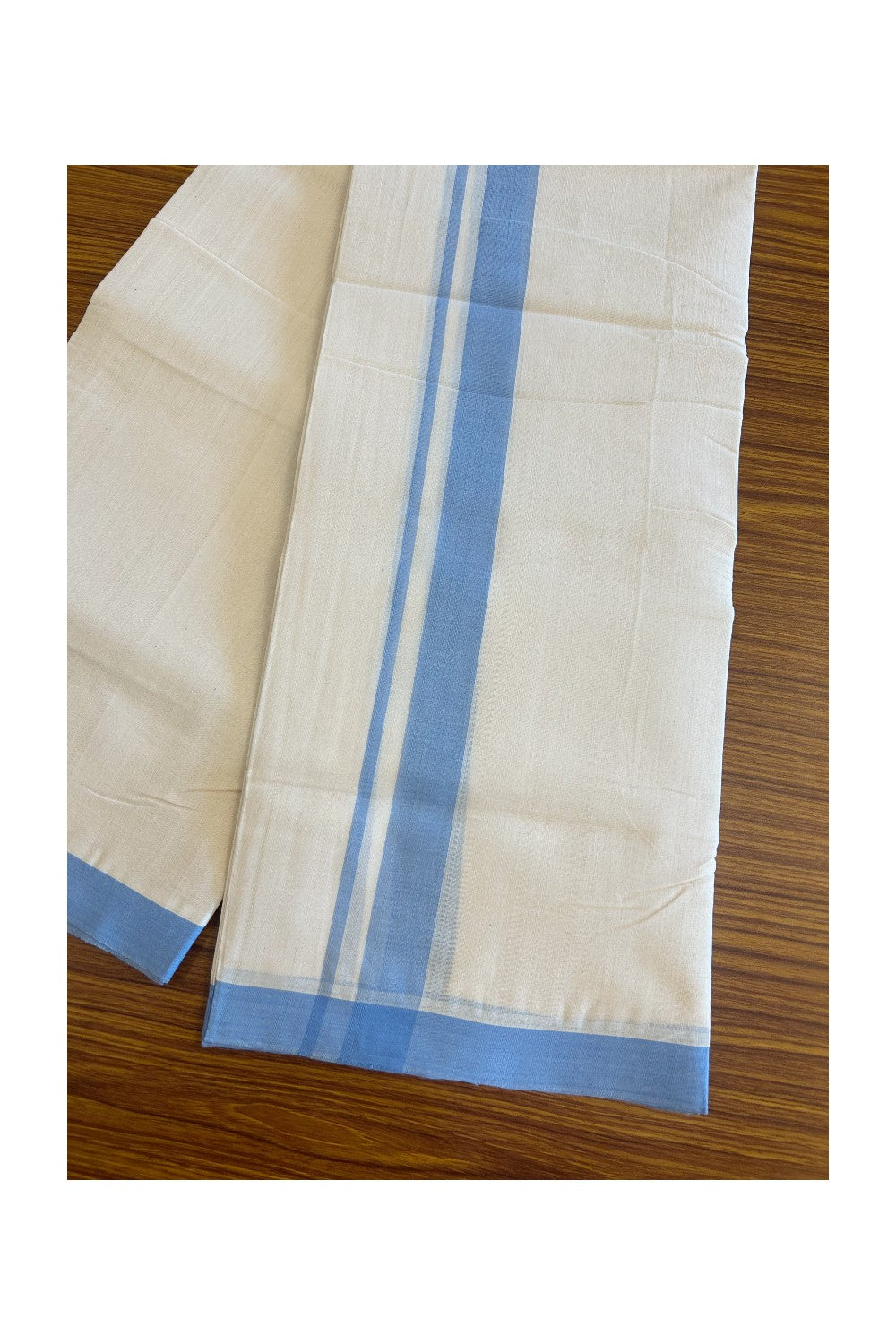 32% Discount! KaithariKada Balaramapuram Handloom 100% Millpaav Cotton Double Mundu/Dhoti Off white (Unbleached) - 100x100 Sky Blue Mulloth Border 3.60m- KK30RAM