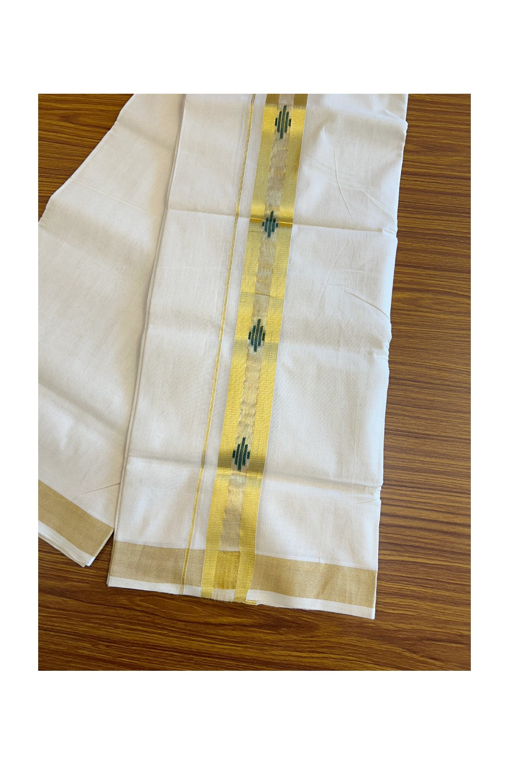 30% Discount!!! KaithariKada HANDLOOM UNAKKUPAAV Balaramapuram - 100% PURE Cotton off white (Unbleached) Double Mundu/Dhoti -100x 100 - 2.5 inch Kasavu with Center Tissue & Green design kara - 17KK5096YAR