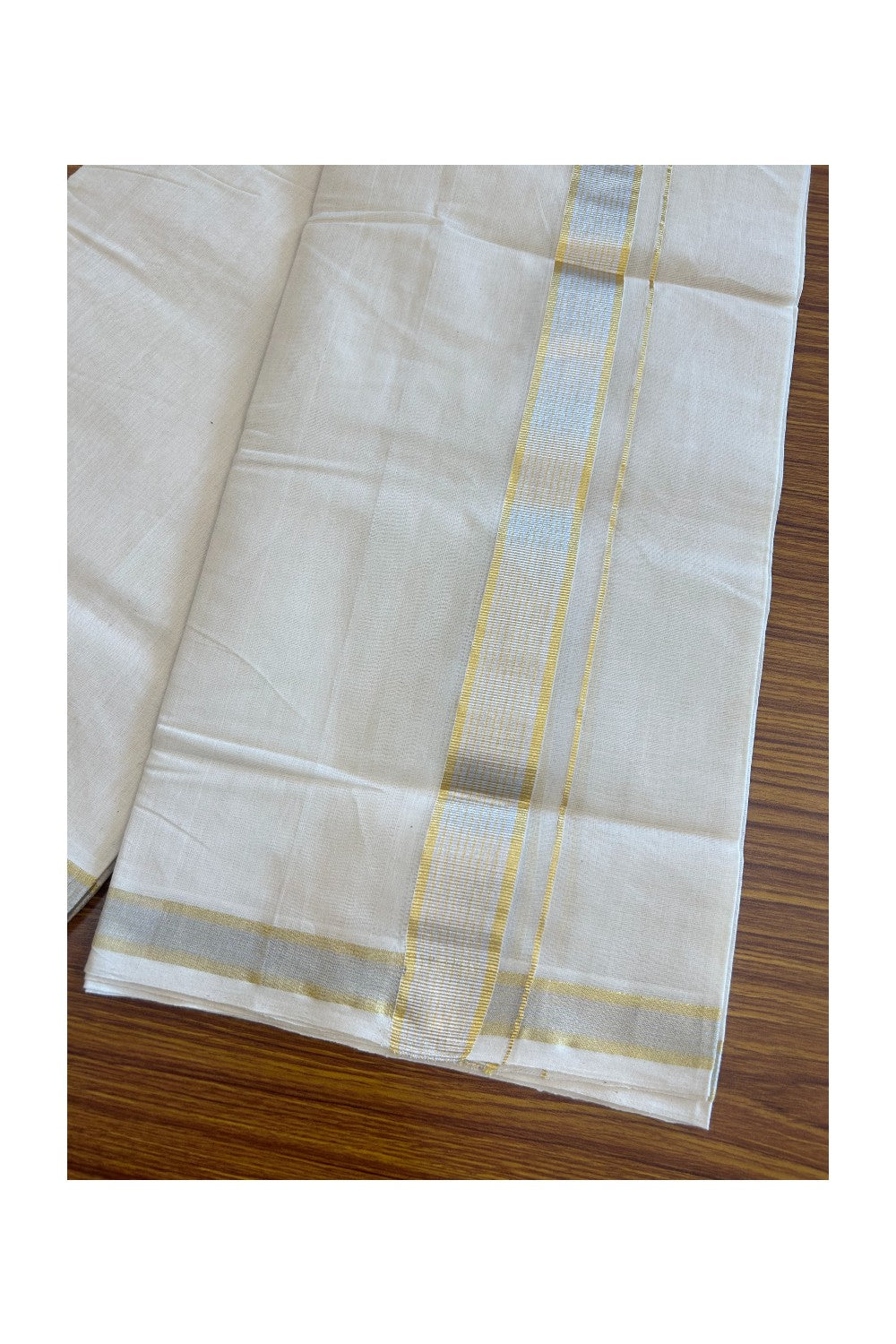 30% DISCOUNT ! KaithariKada HANDLOOM Millpaav Balaramapuram - 100% PURE Cotton Off White - (Unbleached) Double Mundu/Dhoti - 2 inch Gold Kasavu & Silver Kasavu Striped Kara - 18KK5105RAM