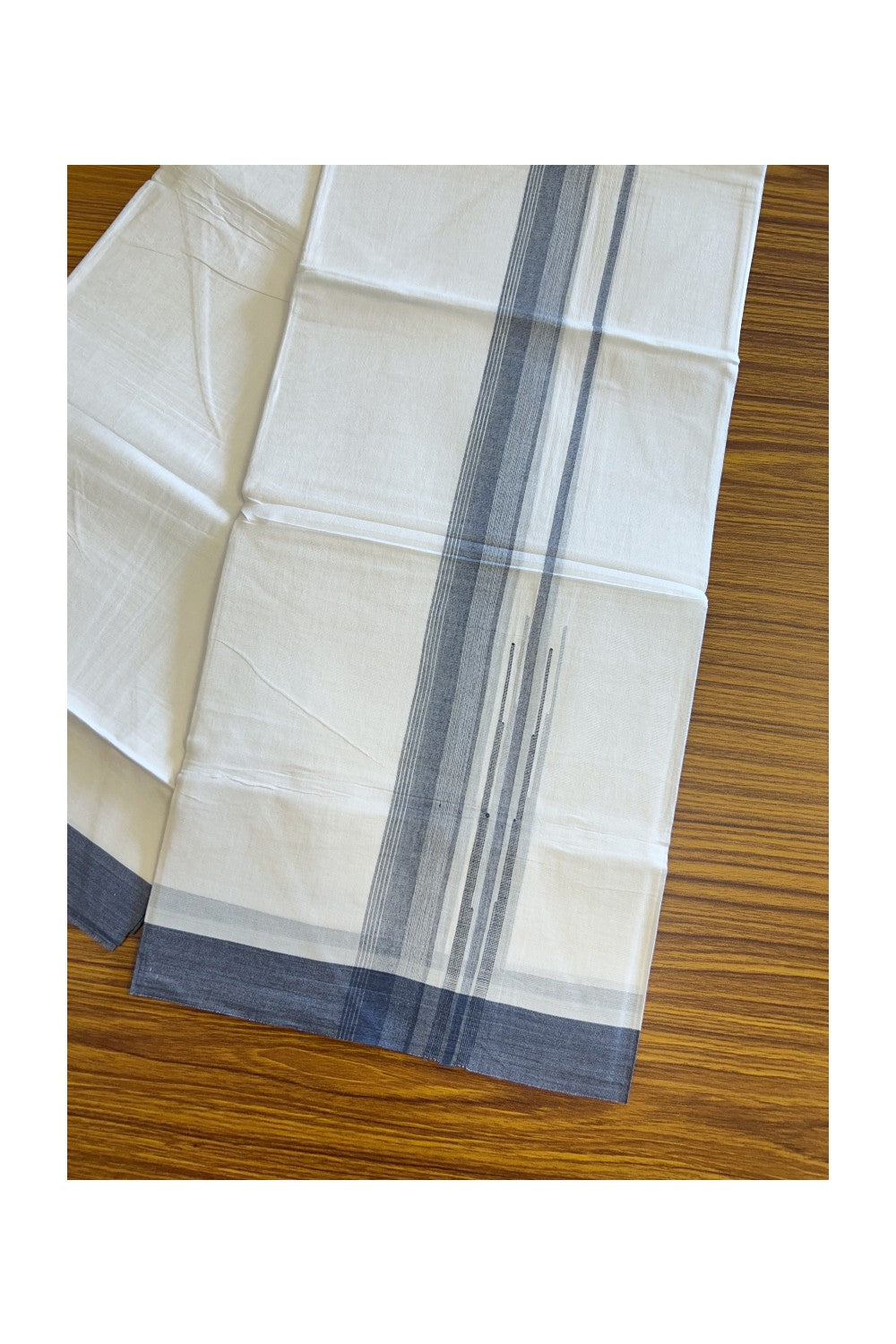 25% DISCOUNT!!! KaithariKada Balaramapuram 100% Cotton Double PURE white Mundu/Dhoti - 80X80 - 1.5 Inch Dark blue & white shaded side stripes Chutty kara - 18KK5108GAN