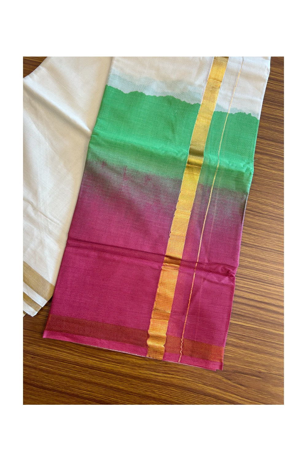 20% Discount !! KaithariKada Balaramapuram Mixed Cotton OFF White (Unbleached) Double Mundu/Dhoti -80x80 Thread Mixed Cotton - 1.75 inch  Kelly Green & Red Purple Dyed Kasav Kara - 18KK5113PMC