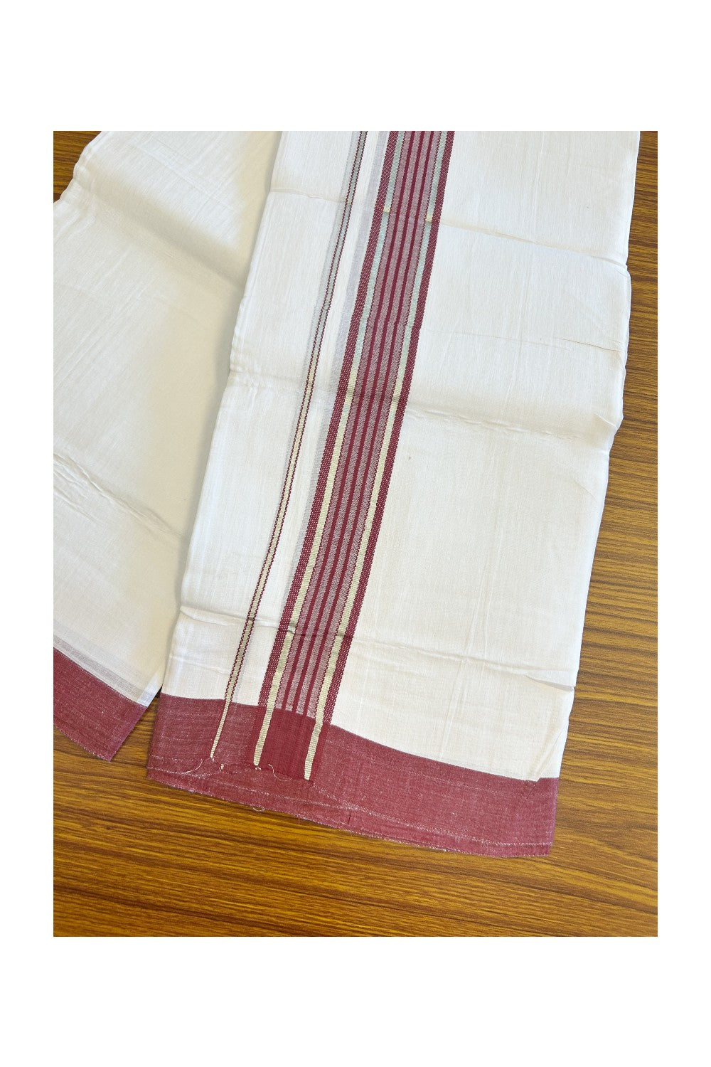 Linen Dhoti NEW! 20% Discount from Kaitharikada.com - Double Mundu/Dhoti 80x90 Thread PURE WHITE - Pure Cotton + Linen -2.25 Inch Maroon & Silver Striped Kara - 36KK5115THI