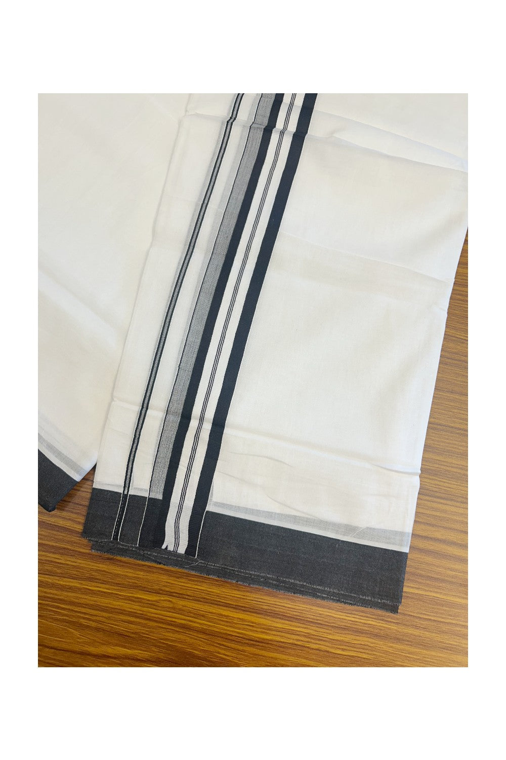 20% DISCOUNT! KaithariKada Balaramapuram 100% Cotton Double PURE white Mundu/Dhoti - 100x80 - 1.75 Inch Black & Shaded Striped Kara - 18KK5135GAN