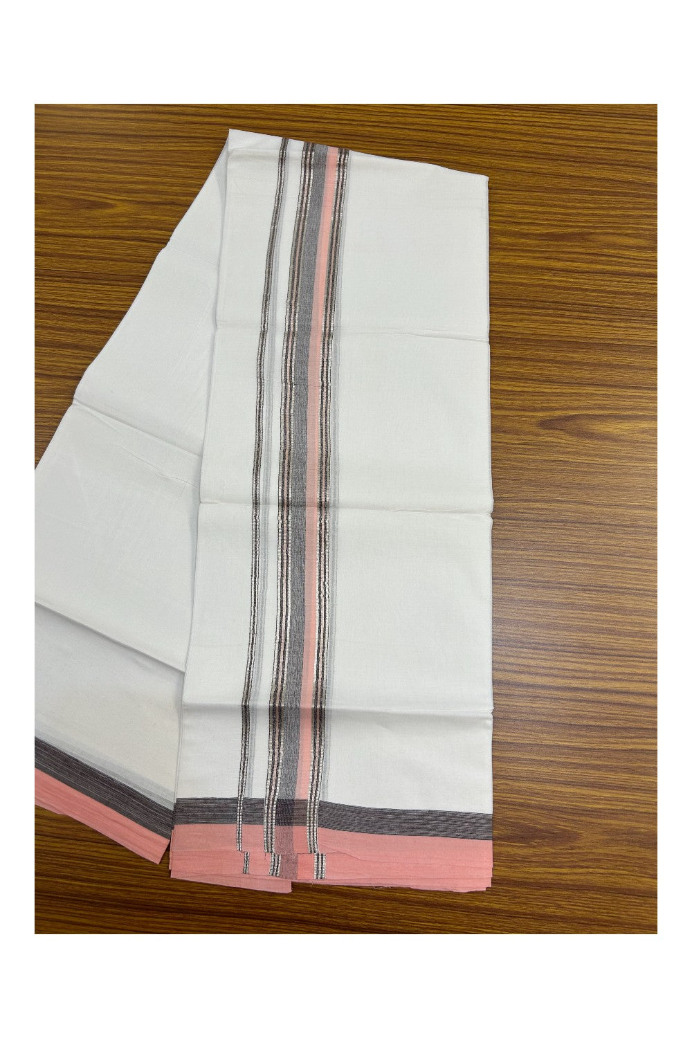 21% Discount !! KaithariKada Balaramapuram Double PURE WHITE Mundu/Dhoti- 100x80 - 1.75 inch Pink Brown Kara Silver Striped kara - 18KK5143PMC