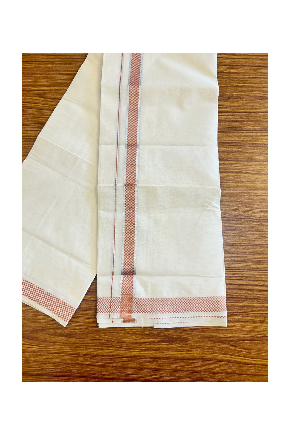 21% DISCOUNT ! KaithariKada Balaramapuram 100%  Cotton Double off white  (Unbleached) Mundu/Dhoti - 100X100 Silver kasavu  brown check design kara - 18KK78PMC