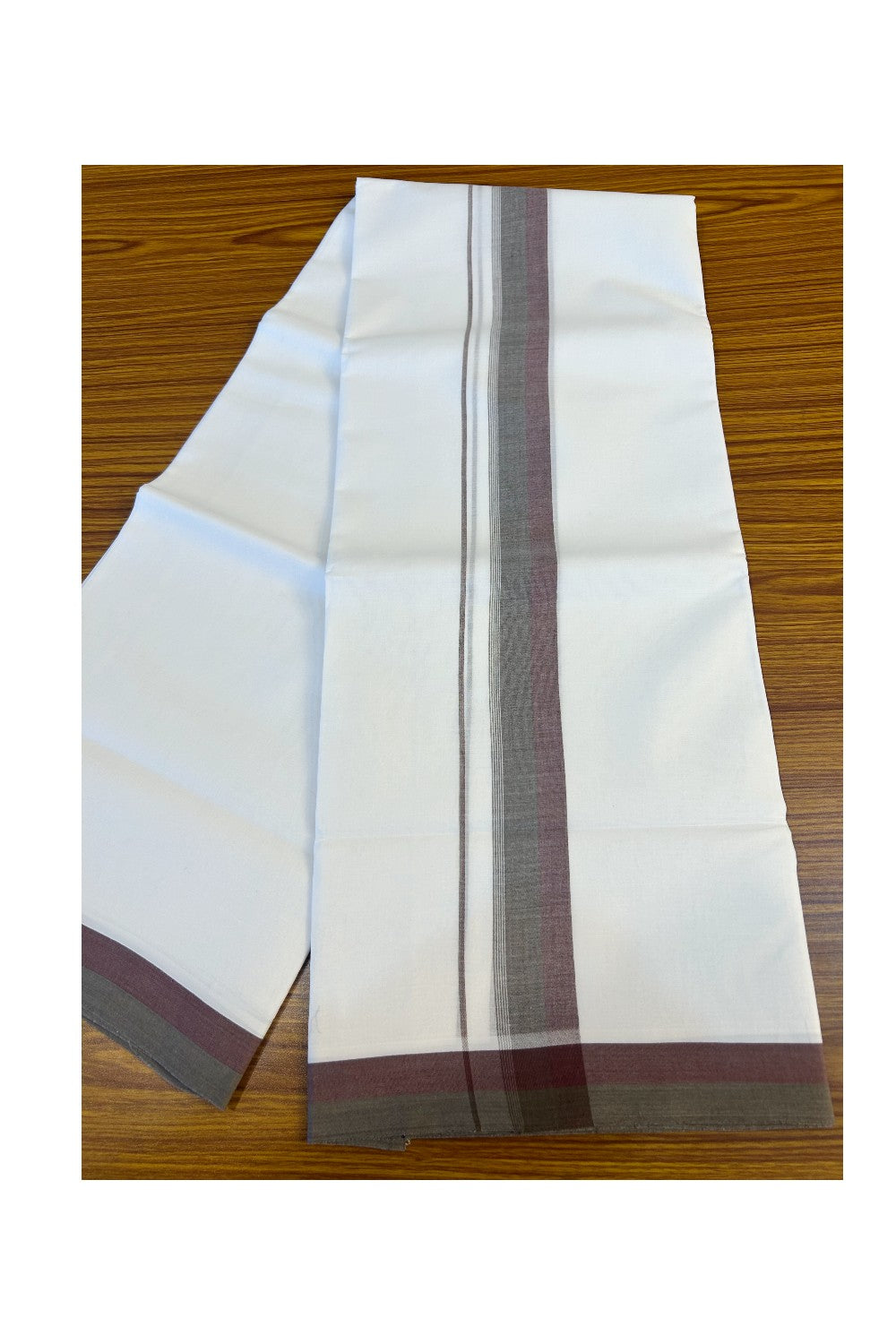 24% DISCOUNT!! Kaitharikada Balaramapuram 100% Cotton Ultra WHITE Double Mundu./Dothi-100x80  2.25 Inch Dark Sage green & Maroon Striped  Cotton Kara -19KK62ASH