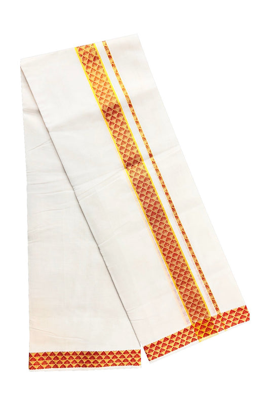 18 % DISCOUNT ! KaithariKada HANDLOOM Unakkupaav Balaramapuram - 100% PURE Cotton 4.44 Meter Off White Double Mundu/Dhoti - Brick Red Flower & KASAVU DESIGN 2.5 Inch  KARA- ABH19